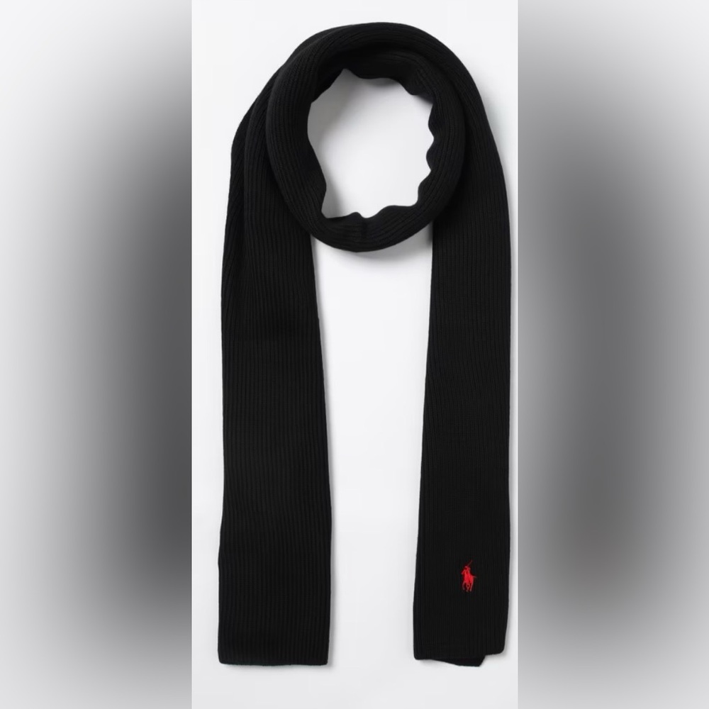 •POLO•LIKE NEW CLASSIC BLACK  W/RED EMBROIDERED LOGO & PONY FLEECE KNIT SCARF